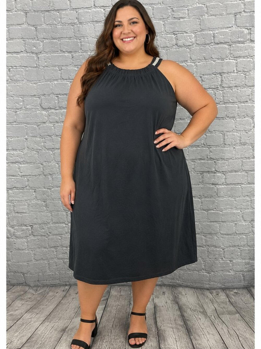 J. Jill NWT  2X‎ Black Halter Dress Beaded Strap Sleeveless Shift Knee Length
